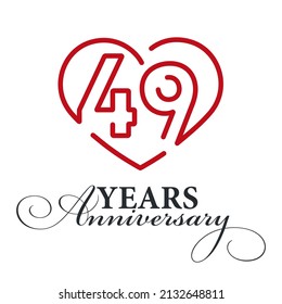 49 Years Anniversary Celebration Number Thirty Bounded By A Loving Heart Red Modern Love Line Design Logo Icon White Background