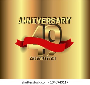 49 years Anniversary golden font with golden background and red ribbon. Red ribbon on top golden font number. Font with shadow.