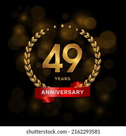 49 years anniversary logo with golden  laurel and red ribbon for booklet, leaflet, magazine, brochure poster, banner, web, invitation or greeting card. Vector illustrations.