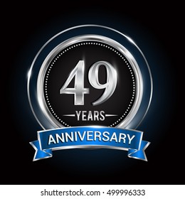 49 years anniversary logo with silver ring and blue ribbon, Vector design.