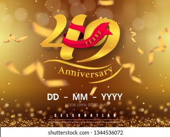 49 years anniversary logo template on gold background. 49th celebrating golden numbers with red ribbon vector and confetti isolated design elements