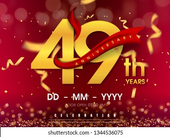49 years anniversary logo template on gold background. 49th celebrating golden numbers with red ribbon vector and confetti isolated design elements