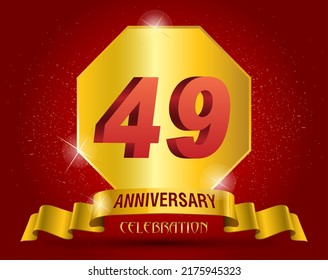  49 years anniversary logo template. Red numbers with golden ribbon.