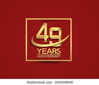 49 years anniversary with square and swoosh golden color isolated on red background for celebration