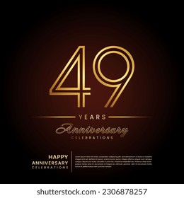 49 años de aniversario, diseño de plantilla de aniversario con número de línea doble y texto dorado para celebración de cumpleaños, invitación, afiche de banner, volante y tarjeta de saludo, plantilla vectorial