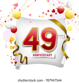49 years anniversary vector illustration, banner, flyer, logo, icon, symbol. Graphic design element with flag, balloon, ribbon, confetty. Birthday greeting, event celebration