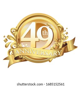 49 years golden anniversary logo celebration with ring and ribbon.