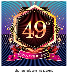 49 years golden anniversary logo celebration with ring and ribbon.