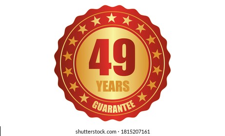 49 años garantía estampilla icono o etiqueta de garantía, insignia, etiqueta, ilustración del vector de sello de concepto original, logotipo aislado en fondo blanco y texto rojo dorado