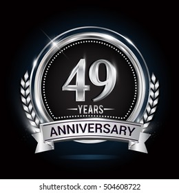 49 years silver anniversary logo with laurel wreath, ribbon and silver ring. vector design