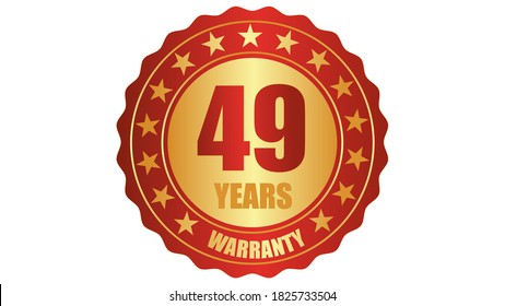 49 years warranty stamp icon or a warranty tag, badge, label, original certified concept seal vector illustration, logo isolated on white background and golden red text