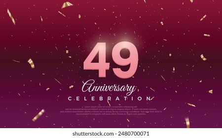 49th Anniversary celebration, 49 Anniversary celebration, Dark purple background, festive illustration,Realistic 3d sign, stars, Pink number with red ribbon 49 sparkling confetti, 49,50