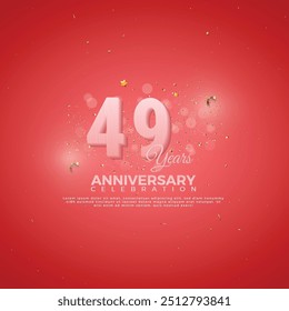 49th Anniversary celebration, 49 Anniversary celebration, Realistic 3d sign, stars, festive illustration, red background with Pink number 49 sparkling confetti, 49,50
