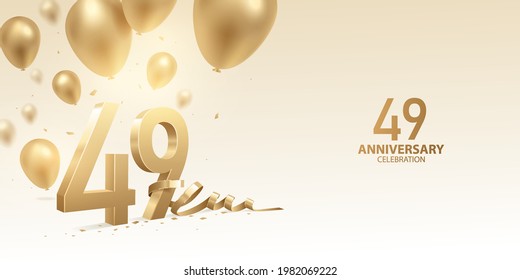 49th Anniversary celebration background. 3D Golden numbers with bent ribbon, confetti and balloons.
