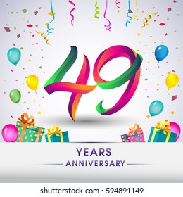 49th Anniversary Celebration Design, with gift box, balloons and confetti, Colorful Vector template elements for your, forty nine years birthday celebration party.