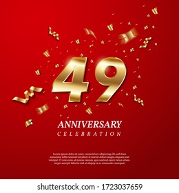 49th Anniversary celebration. Golden number 49 with sparkling confetti, stars, glitters and streamer ribbons on red background. Vector festive illustration. Birthday or wedding party event decoration