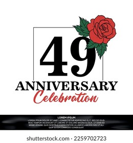 49. Jubiläumsfeier Logo, Vektordesign mit roter Rosenblume mit schwarzer Farbschrift auf weißem Hintergrund, abstrakt  