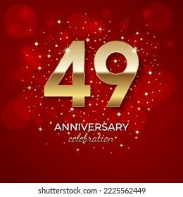 49th Anniversary. Golden number 49 with sparkling confetti and glitters for celebration events, weddings, invitations and greeting cards. Realistic 3d sign. Vector festive illustration