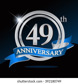 49th anniversary logo with blue ribbon and silver ring, vector template for birthday celebration.