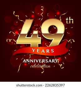 49th Anniversary logo design with golden numbers and red ribbon for anniversary celebration event, invitation, wedding, greeting card, banner, poster, flyer, brochure, book cover. Logo Vector Template