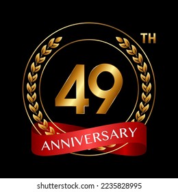 49th Anniversary. Anniversary Logo Design with Laurel Wreath and Red Ribbon for Celebration Event, Wedding, Invitation, Greeting Card. Logo Vector Illustration