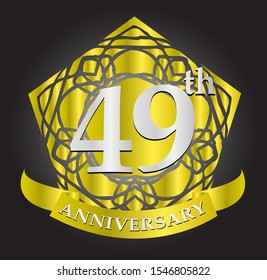 49th anniversary logo with silver and gold ribbon. Vector design template elements for your birthday celebration.