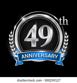 49th anniversary logo with silver ring combination blue ribbon. Vector template for birthday celebration, party, wedding, invitation and greeting card