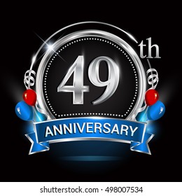 49th anniversary logo with silver ring,balloons and blue ribbon. Vector design template elements for your birthday celebration.