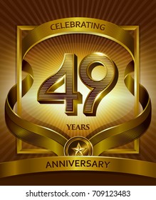49th anniversary logo. Vector and illustration shiny gold ribbon