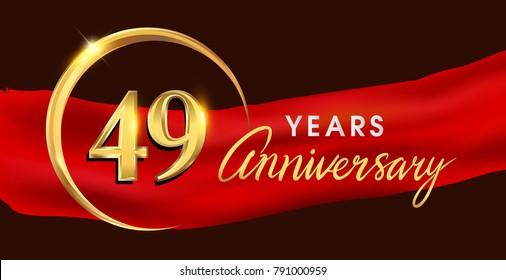49th anniversary logotype with golden ring isolated on red ribbon elegant background, vector design for birthday celebration, greeting card and invitation card.