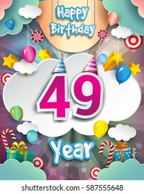 49th Birthday Celebration greeting card Design, with clouds and balloons. Vector elements for the celebration party of forty nine years anniversary