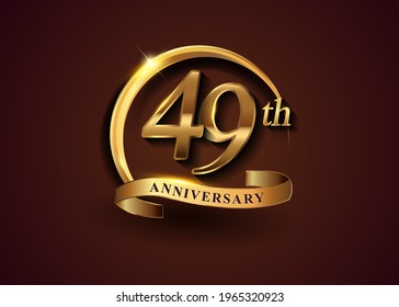 49th golden anniversary logo with gold ring and golden ribbon, vector design for birthday celebration, invitation card.