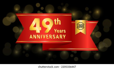 49th golden anniversary template design with red ribbon, logo vector illustration