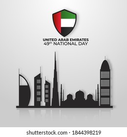 49th National Day Poster Design With UAE Flag Shield And Silhouette Famous Architecture Or Monuments On Light Grey Background.