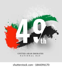49th National Day Text With UAE Flag Brush Stroke On Grey Halftone Effect Background.
