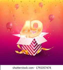 49th years anniversary vector design element. Isolated Forty-nine years jubilee with gift box, balloons and confetti on a colorful background.