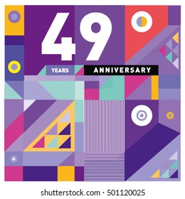 49th years greeting card anniversary with colorful number and frame. Memphis style cover and design template