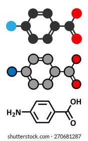 4-aminobenzoic acid (PABA, aminobenzoate) molecule. Stylized 2D renderings and conventional skeletal formula.