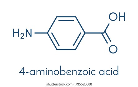 4-aminobenzoic acid (PABA, aminobenzoate) molecule.  Skeletal formula.