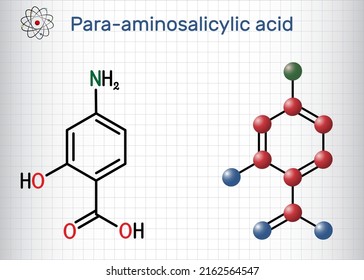 4-Aminosalicylic acid, para-aminosalicylic acid or PAS molecule. It is antibiotic used to treat tuberculosis. Structural chemical formula, molecule model. Sheet of paper in a cage. Vector illustration