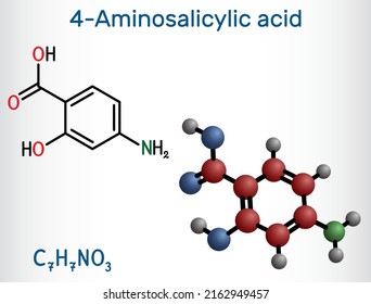 4-Aminosalicylic acid, para-aminosalicylic acid or PAS molecule. It is antibiotic used to treat tuberculosis. Structural chemical formula and molecule model. Vector illustration