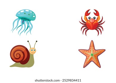 4-bundle vector of crab, jellyfish, snail, lobster fishes