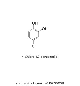 4-Chloro-1,2-benzenediol skeletal structure. Aromatic Diol compound schematic illustration. Simple diagram, chemical formula.