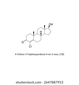 Estrutura esquelética de 4-cloro-17-hidroxiandrosteno-3-ona Ilustração esquemática do composto esteroide. Diagrama simples, fórmula química.