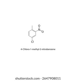 Estrutura esquelética de 4-cloro-1-metil-2-nitrobenzeno Ilustração esquemática do composto halogenado nitroaromático. Diagrama simples, fórmula química.