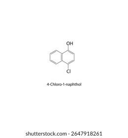 Estrutura esquelética de 4-cloro-1-naftol Ilustração esquemática do composto de fenol policíclico halogenado. Diagrama simples, fórmula química.