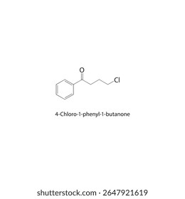 Estrutura esquelética de 4-cloro-1-fenil-1-butanona Ilustração esquemática do composto de arilcetona halogenado. Diagrama simples, fórmula química.