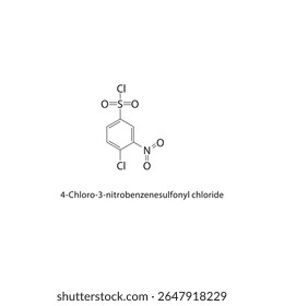 Estrutura esquelética do cloreto de 4-cloro-3-nitrobenzenossulfonilo Ilustração esquemática do composto de haleto de sulfonilo halogenado. Diagrama simples, fórmula química.