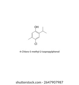 4-Chloro-5-methyl-2-isopropylphenol skeletal structure. Halogenated phenol compound schematic illustration. Simple diagram, chemical formula.