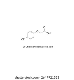 Estrutura esquelética do ácido (4-clorofenoxi)acético. Ilustração esquemática do composto de fenoxiácido clorado. Diagrama simples, fórmula química.